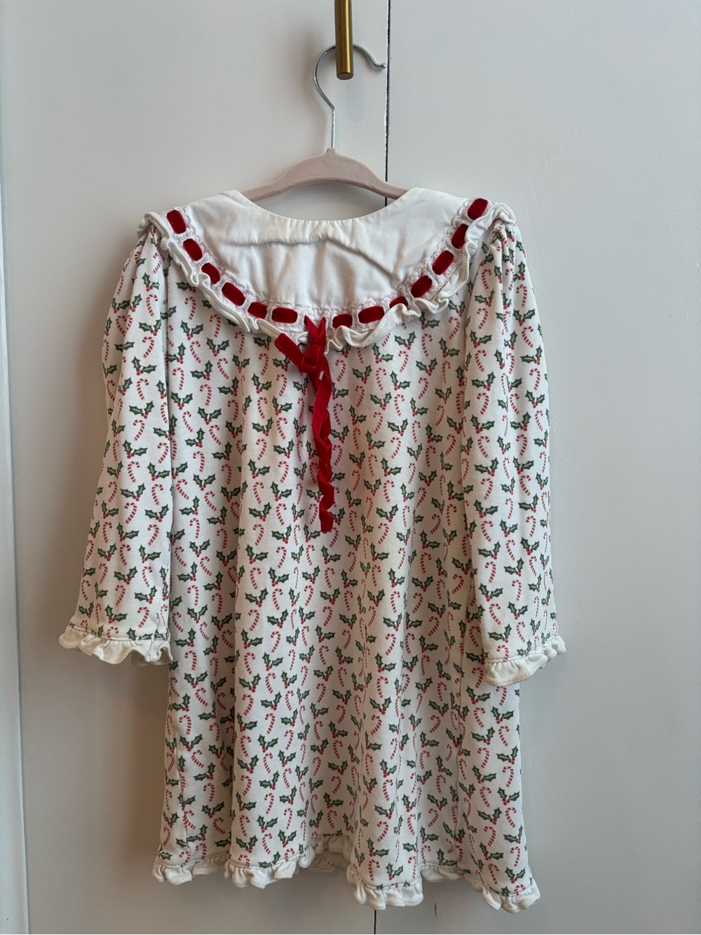 Vintage-Inspired White Nightgown with Red & Green Holly Print